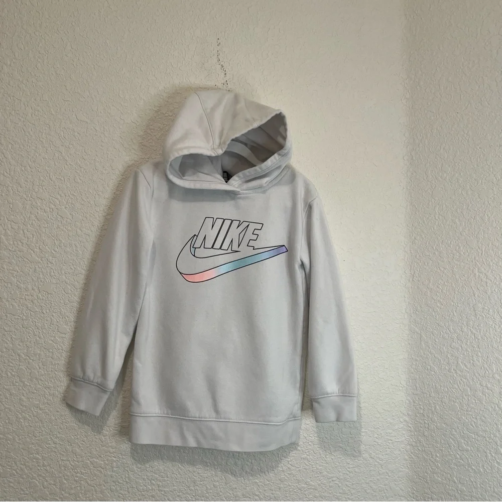 Nike White Graphic Logo Swoosh Hooded Pullover Sweatshirt Kids Youth Size 6