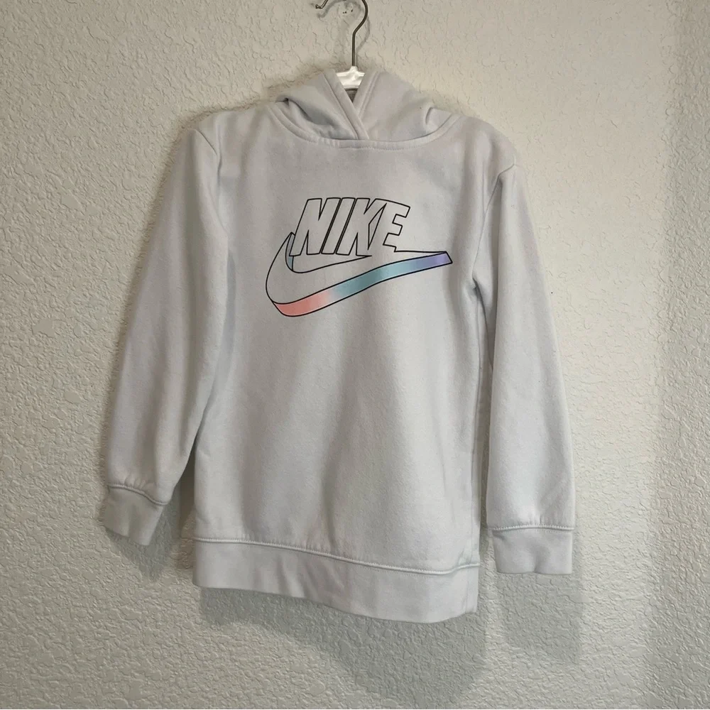 Nike White Graphic Logo Swoosh Hooded Pullover Sweatshirt Kids Youth Size 6