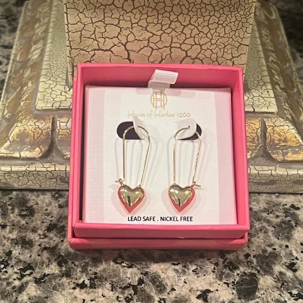 House of‎ Harlow 1960 Shiny Gold Toned Heart Hoop Earrings