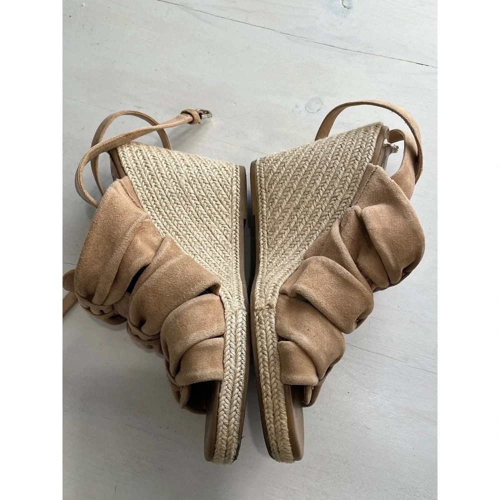 Sam Edelman Tan Suede Espadrille Wedge Sandals Bow Ankle Strap Women Size 6.5M‎