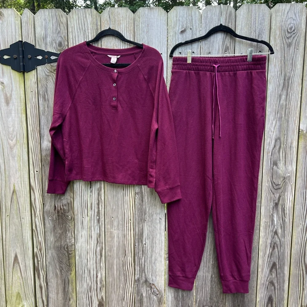 VICTORIAS SECRET Waffle Knit Wine Pajama Set Women’s Medium NWT NEW Flat