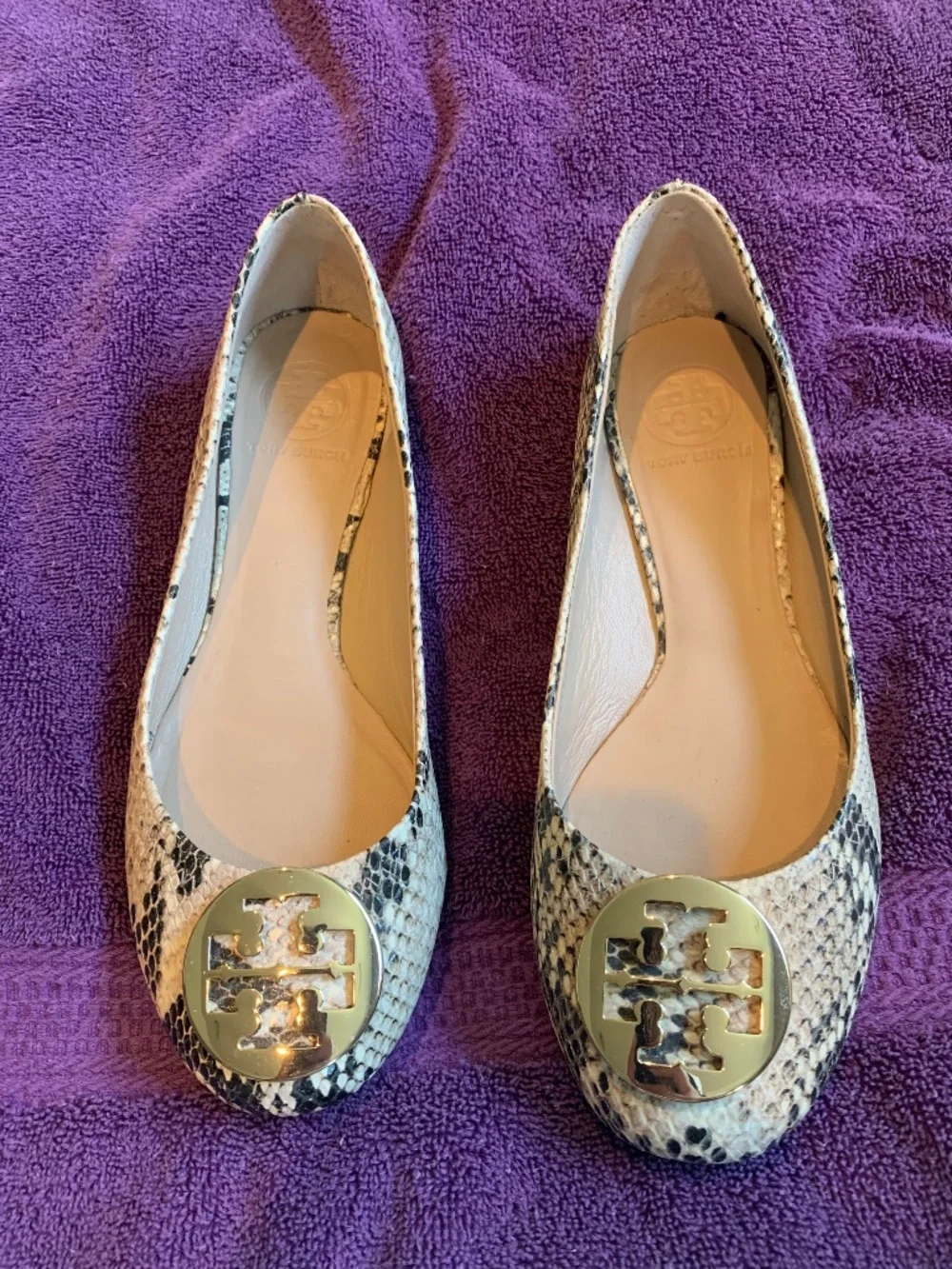 Tory Burch Tan/Black Snakeprint Leather Ballet Flats sz 8M
