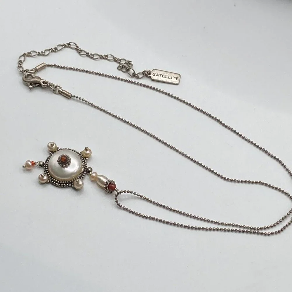 Unique Signed SATELLITE Bead Ball Chain Artisan Pearl Handcrafted 18” Necklace‎