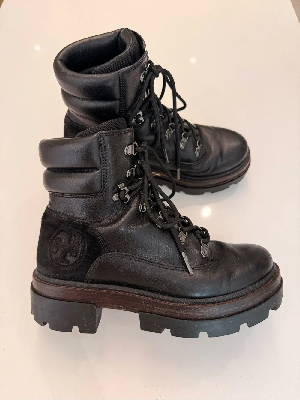 Tory Burch Miller Lug‎ Hiker Boots Black Leather Combat Boots 8.5 Needs REPAIR