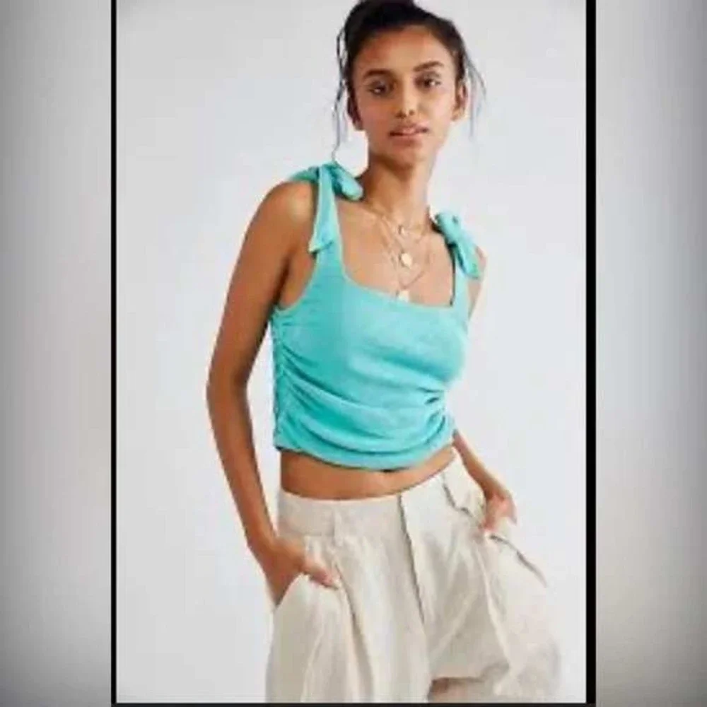 Free People‎ Crop Top Womens Small Mint Green Tie Shoulder Ruched Ribbed Boho