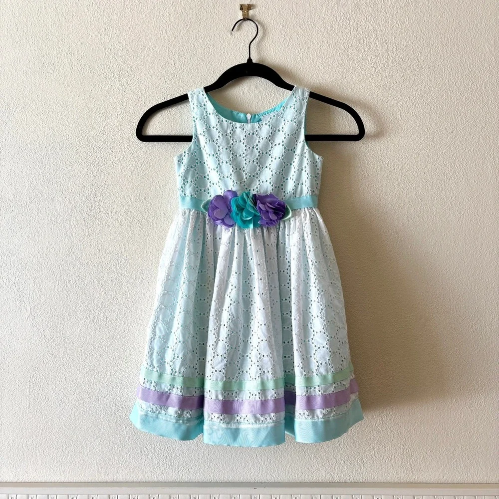 Sweet Heart Rose Girls 5 Blue White Eyelet Floral Ribbon Easter‎ Party Dress