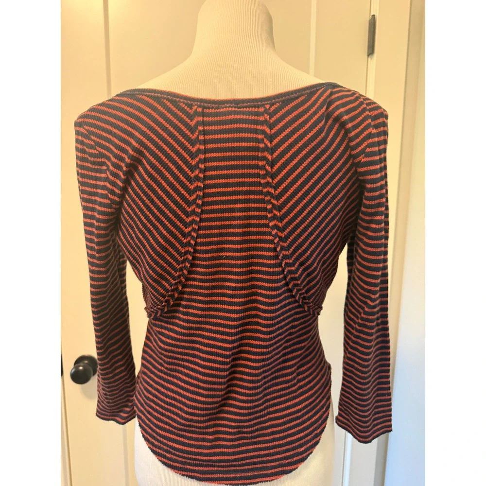 We The Free People Womens Medium Striped Henley Thermal‎ Top Navy Rust Orange