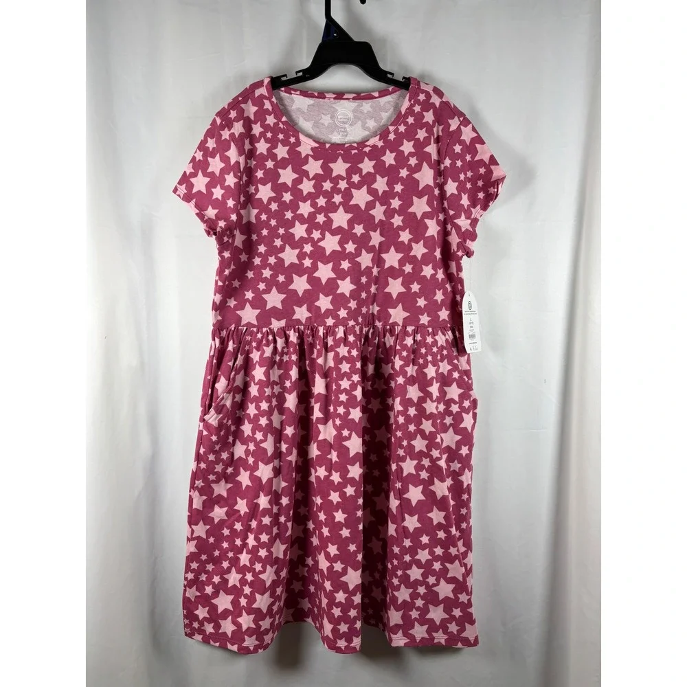 Wonder Nation Girls Plus Size 10-12‎ Rose Mum Pink Star Print SS Play Dress NWT