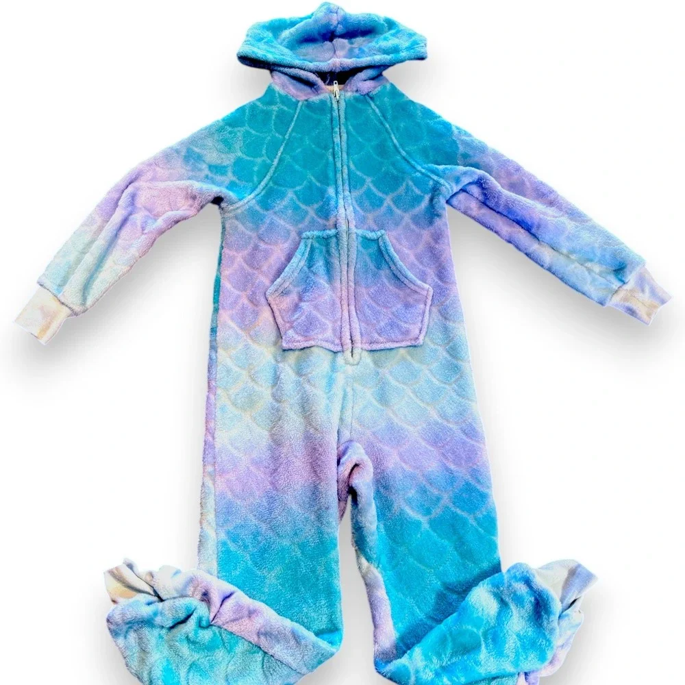More Than Magic Kids Blue‎ Purple Mermaid Scale Fleece Hooded Union Suit XS 4/5