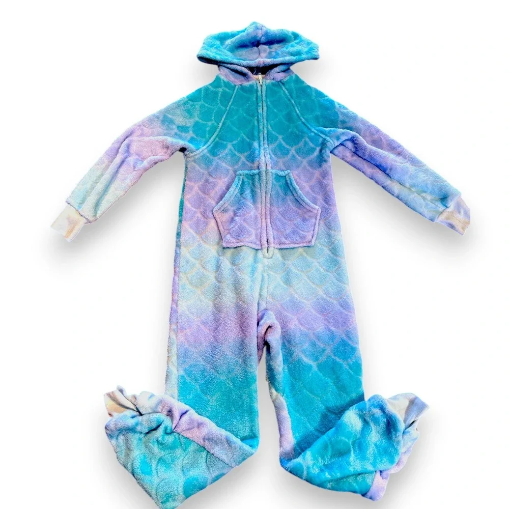 More Than Magic Kids Blue‎ Purple Mermaid Scale Fleece Hooded Union Suit XS 4/5