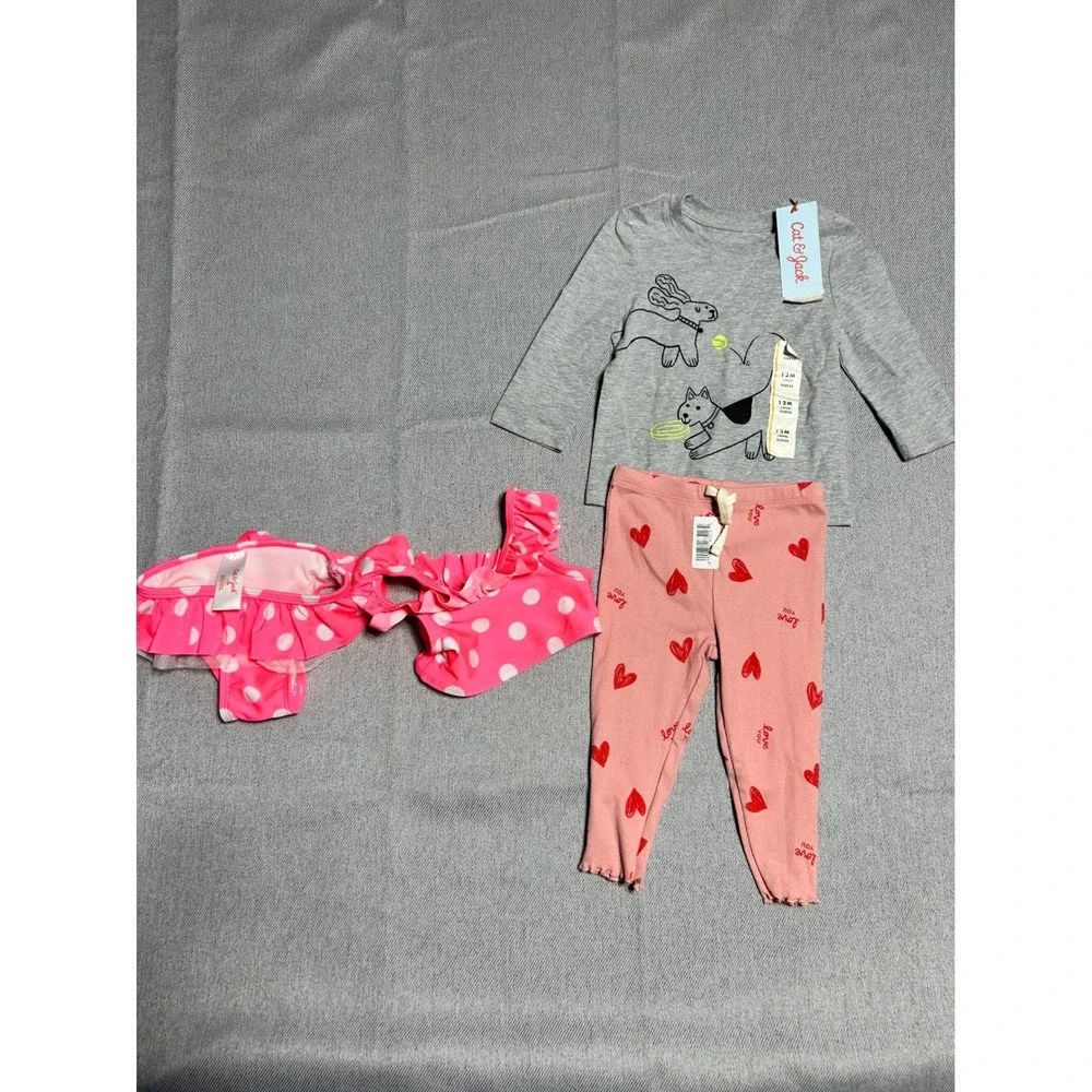 Cat & Jack‎ Carter's Clothing Lot Girls 12M Pink Gray Hearts Polka Dot Swimsuit