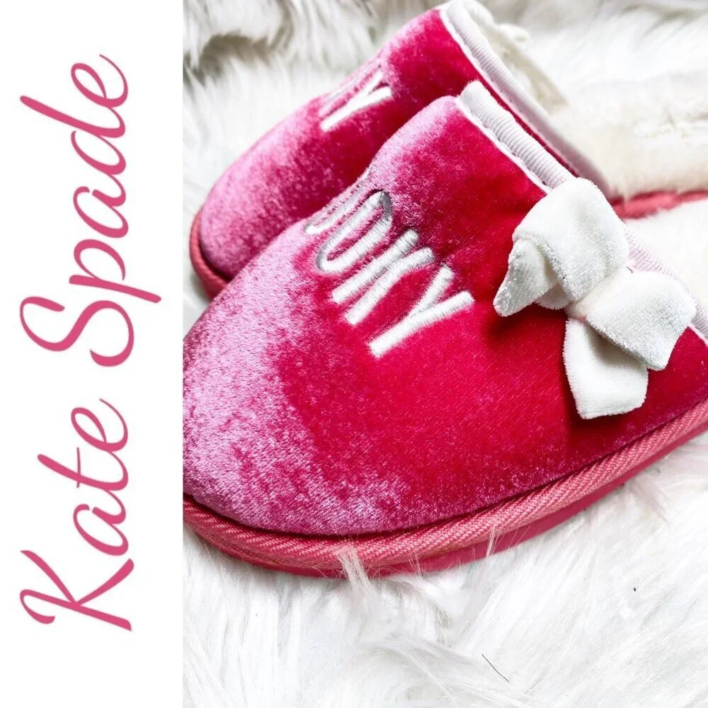 KATE SPADE PLAY HOOKY PINK VELVET SLIPPERS FAUX FUR LINING, SIZE‎ 7