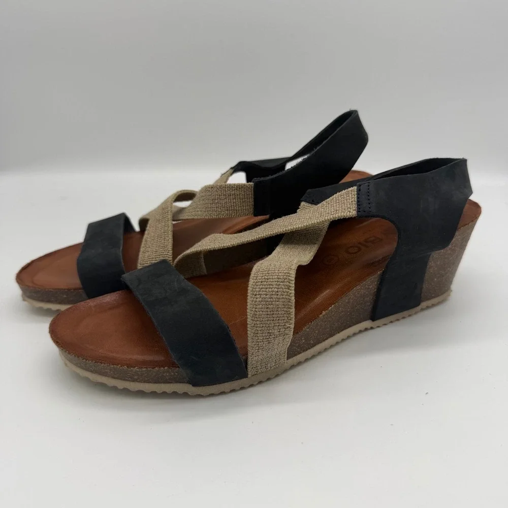 Bio Bio Womens Black Tan Elastic Leather Wedge Sandals‎ Made in Spain Size 8