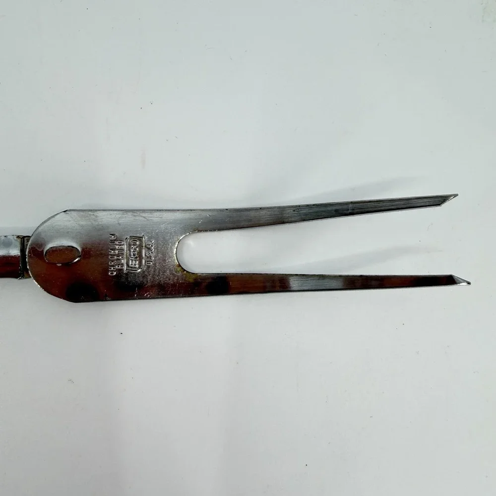 Ekco Chromium Plated Serving Fork‎ White Plastic Handle 70's Orange Insert MCM