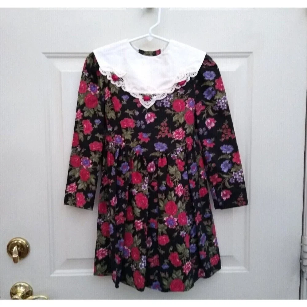 Vintage Girls Bonnie Jean Dress Black Floral Long Sleeve Lace Size‎ 6X