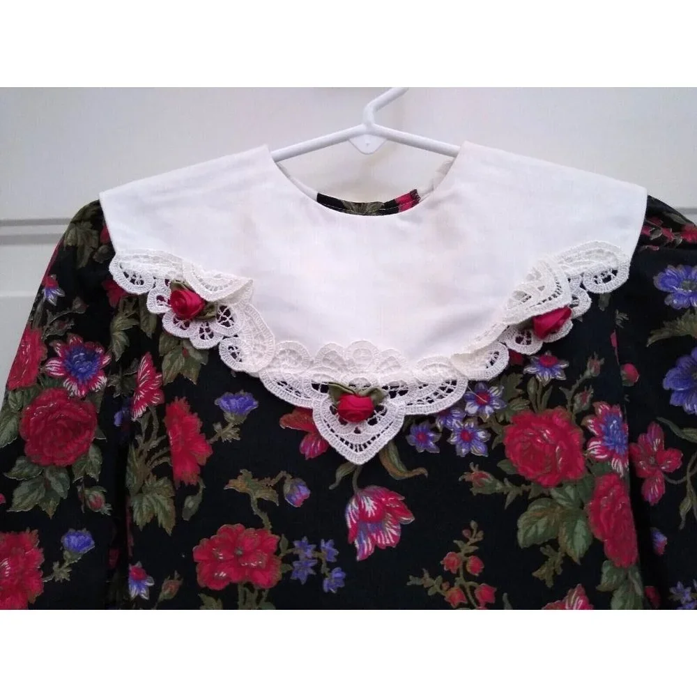 Vintage Girls Bonnie Jean Dress Black Floral Long Sleeve Lace Size‎ 6X