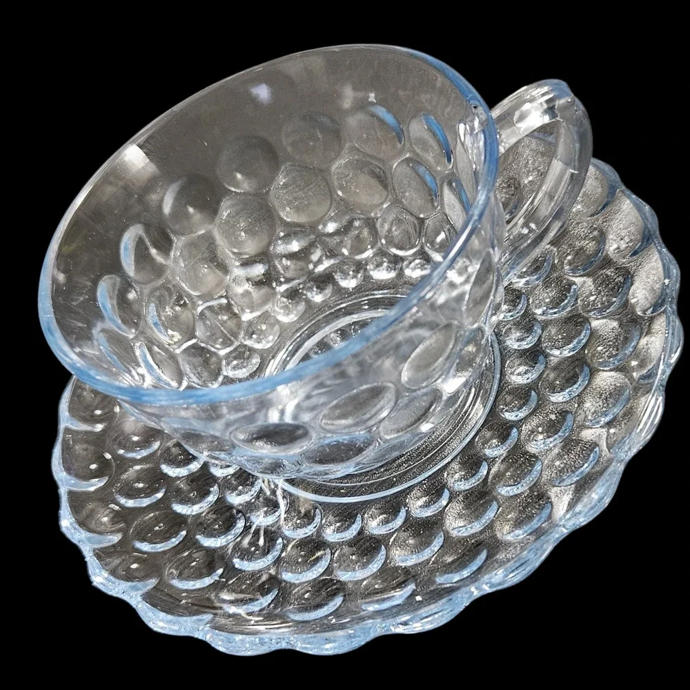 Vintage Blue Bubble Glass Snack Cup & Saucer Set of 2 Anchor Hocking Berwick