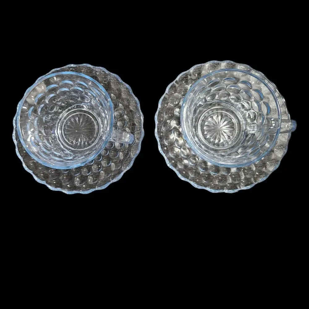 Vintage Blue Bubble Glass Snack Cup & Saucer Set of 2 Anchor Hocking Berwick