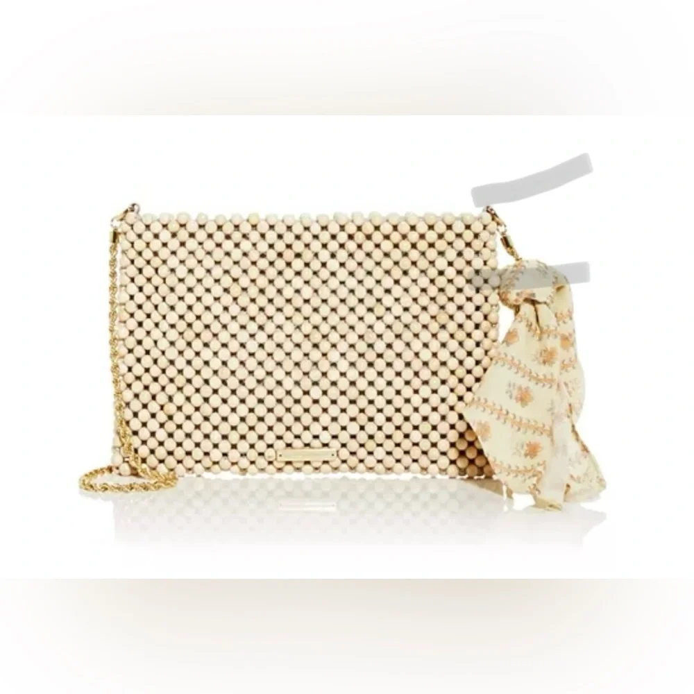 Loeffler Randall Beaded Clutch in Beige with Gold Chain