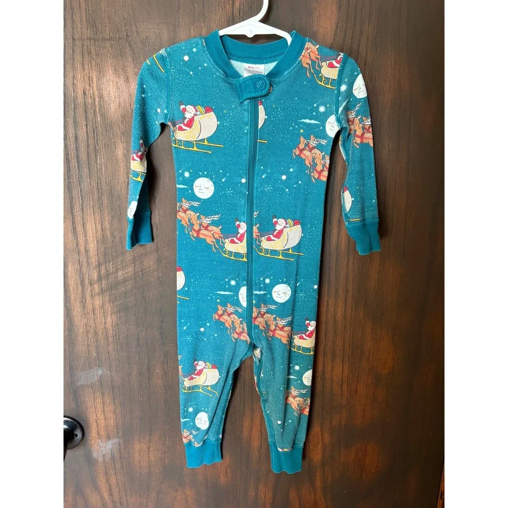 Hanna Andersson 2T Santa Sleigh Reindeer Organic Cotton Christmas Pajamas Teal