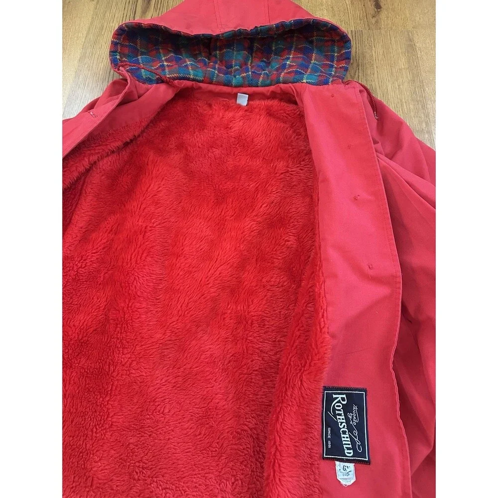 VTG 70s Rothschild Red Girls Coat (6X) Union Made ILGWU, Lined Hood Swing Coat‎
