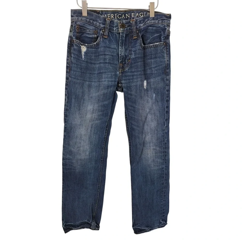 American Eagle Slim Straight Jeans 28/30 Mens High Rise Distressed Medium Wash