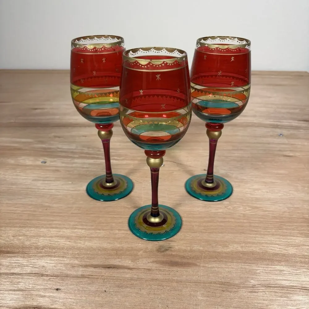 Pier 1 Festive Stripe Red Gold Purple Green Bands Stem Wine Glass Gold‎ Set Of 3