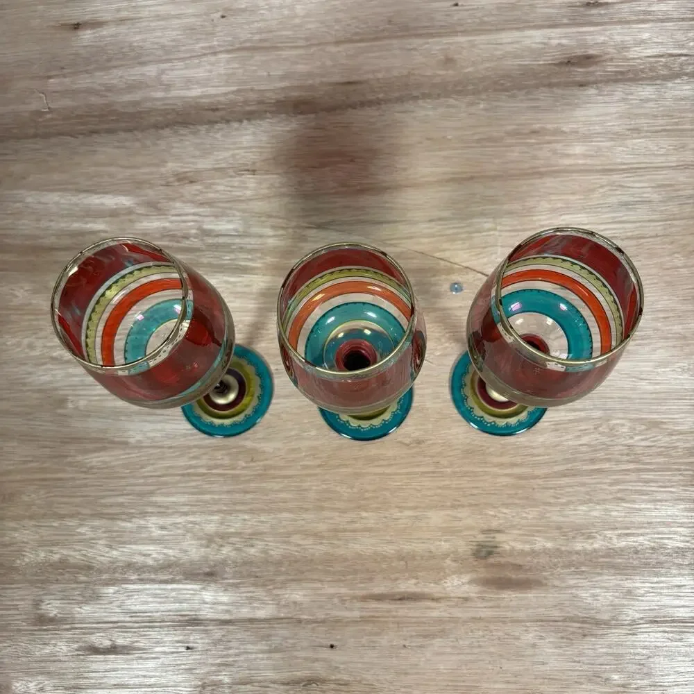 Pier 1 Festive Stripe Red Gold Purple Green Bands Stem Wine Glass Gold‎ Set Of 3