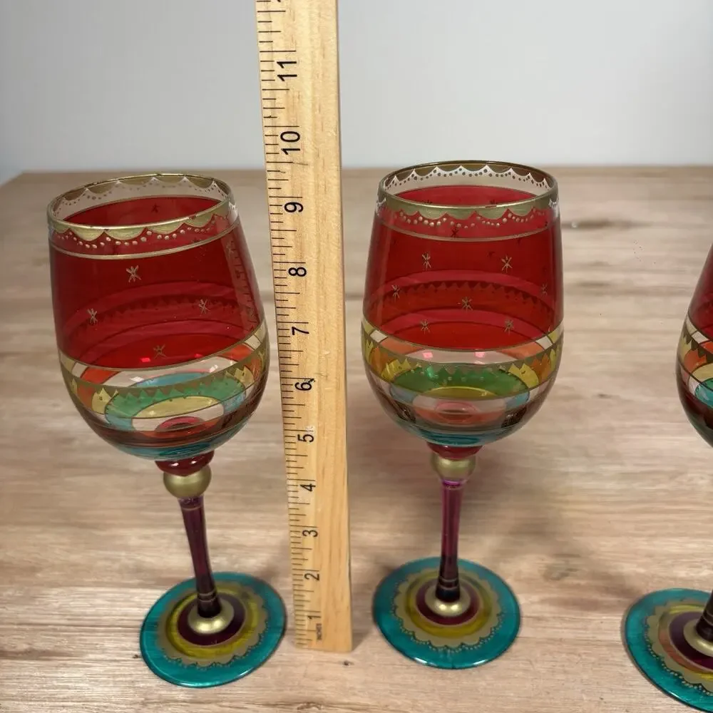 Pier 1 Festive Stripe Red Gold Purple Green Bands Stem Wine Glass Gold‎ Set Of 3