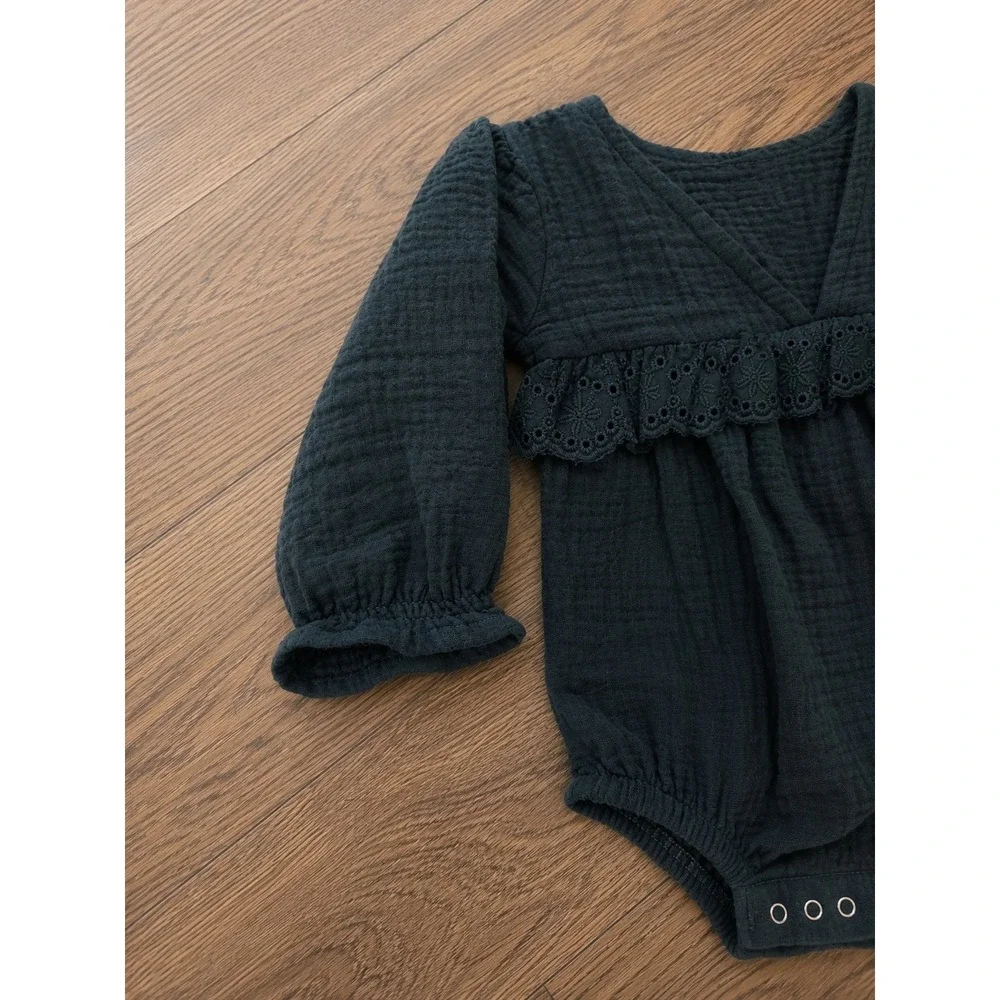 Grayson Mini Newborn Romper Navy Blue Gauze Eyelet Lace Long Sleeve Bodysuit NB