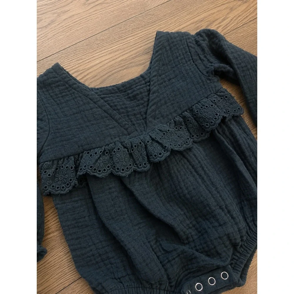 Grayson Mini Newborn Romper Navy Blue Gauze Eyelet Lace Long Sleeve Bodysuit NB
