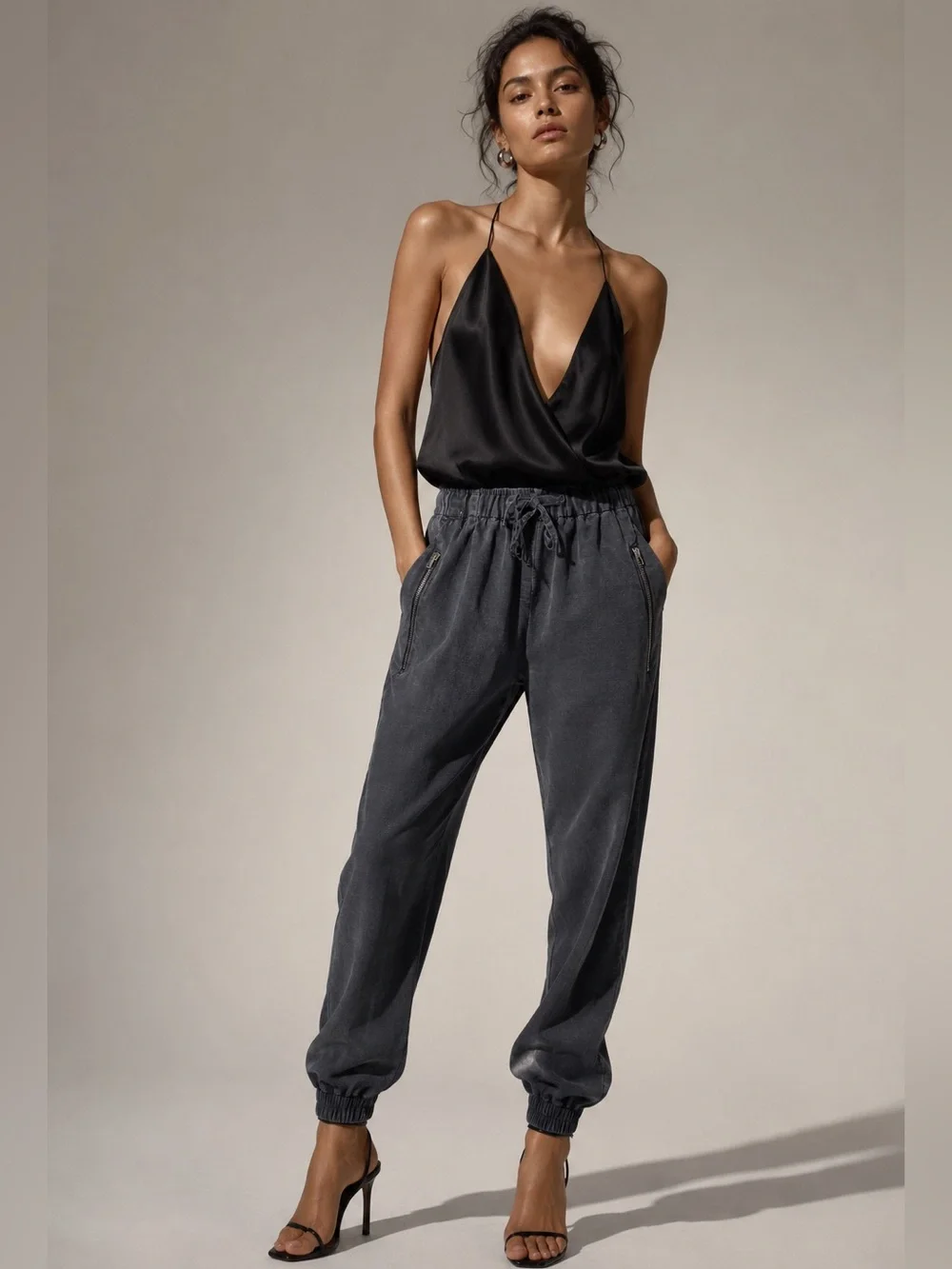 Zara women premium linen Charcoal Jogger Pants XS  chic summer minimalist Luxe