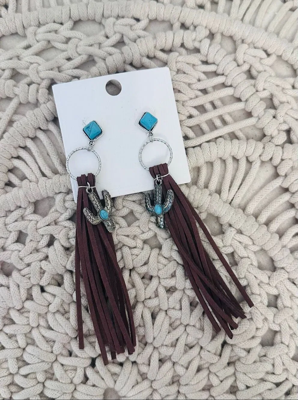 Western Cactus and Faux Suede Dangle Summer Concert Earrings New