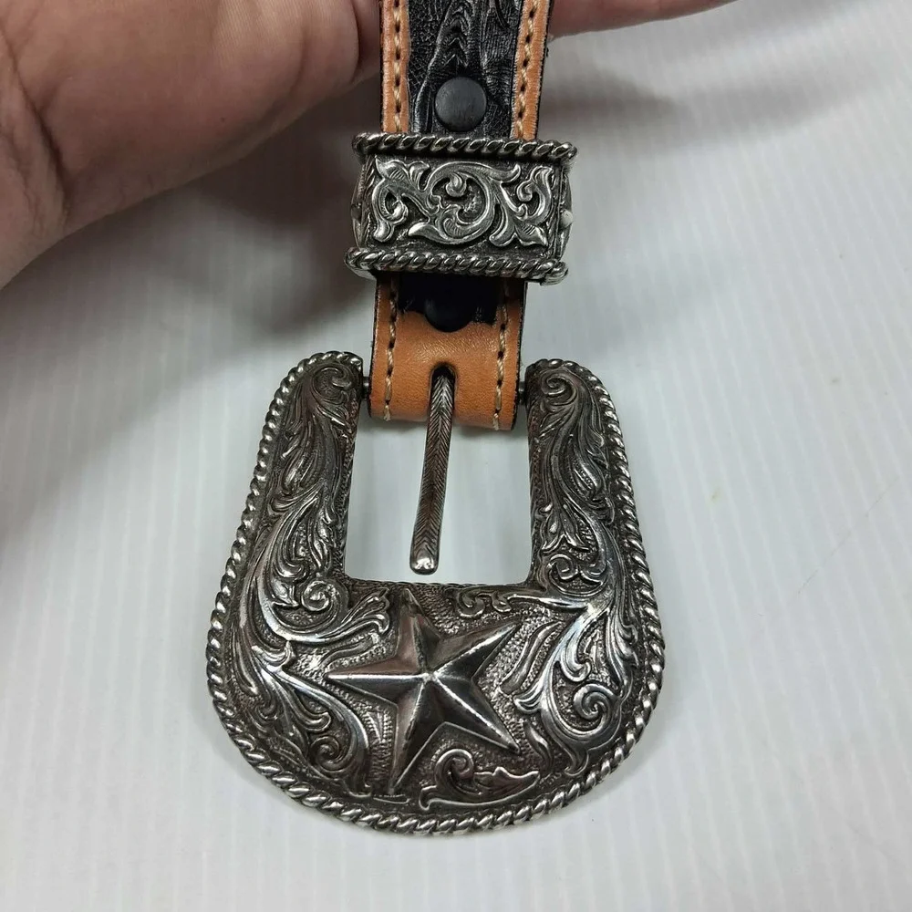 Justin Mens Black Tan Tooled Leather Western Star Belt 50 Inch C11063 Size‎ 44