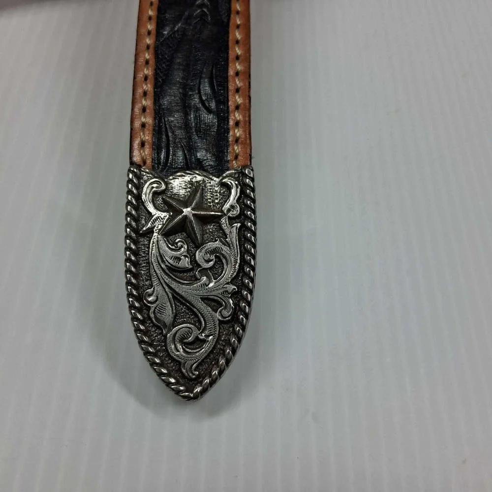 Justin Mens Black Tan Tooled Leather Western Star Belt 50 Inch C11063 Size‎ 44
