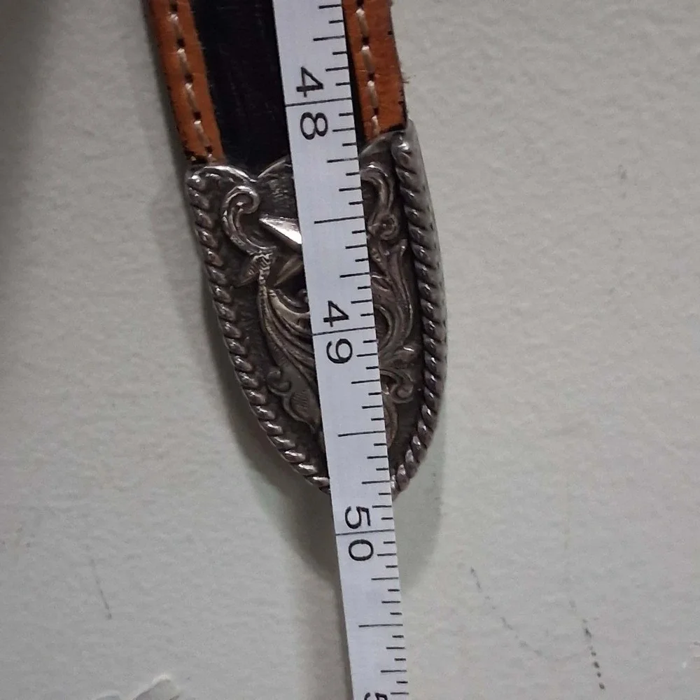 Justin Mens Black Tan Tooled Leather Western Star Belt 50 Inch C11063 Size‎ 44