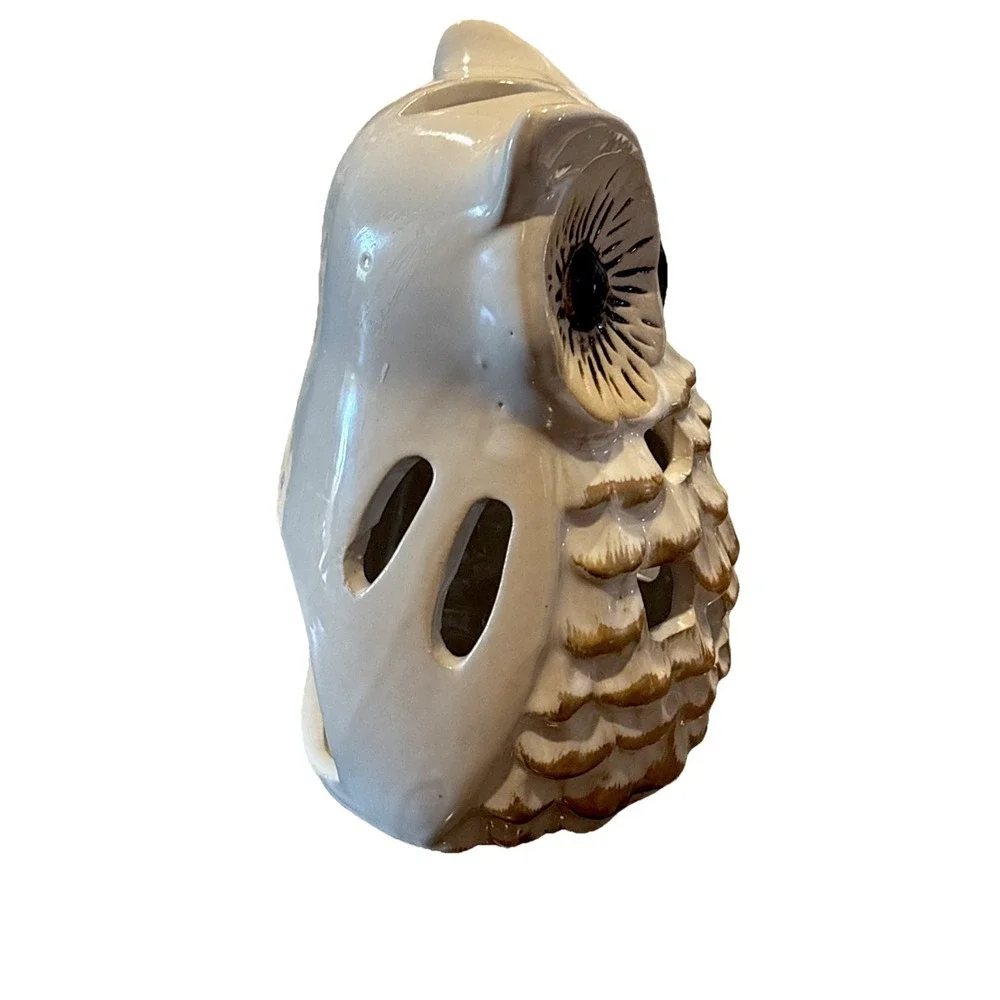 Ceramic Owl Candle Holder White Goldtone 6.75