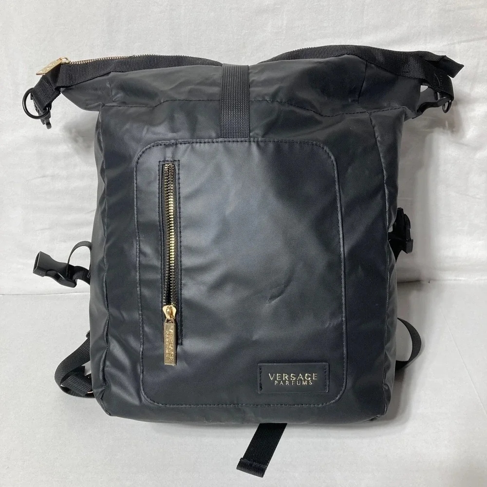 Versace Parfums Black Backpack Tote Bag Gold Greek Key Straps‎