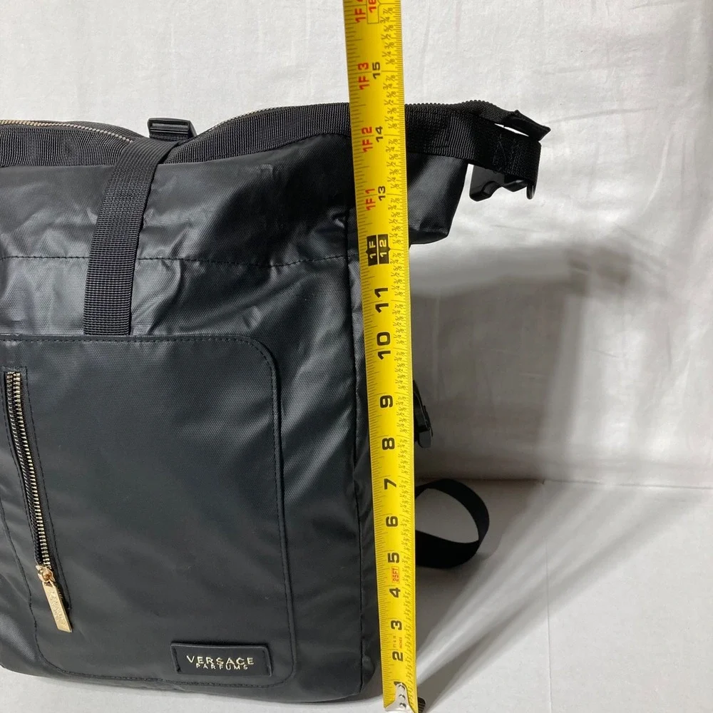 Versace Parfums Black Backpack Tote Bag Gold Greek Key Straps‎