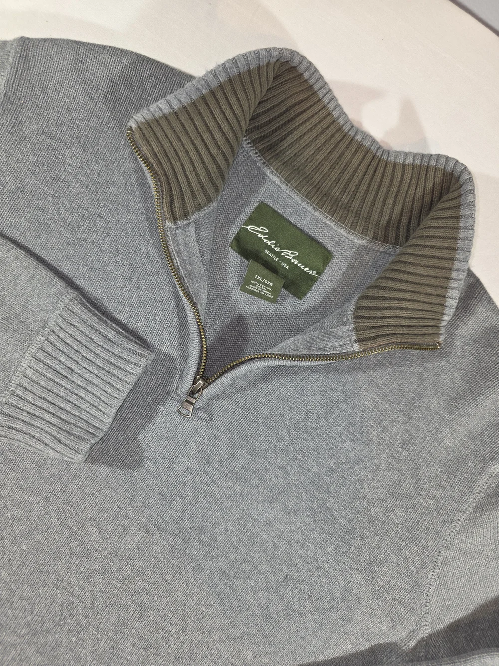 Eddie Bauer Gray Zip-Neck Sweater with Olive Trim
