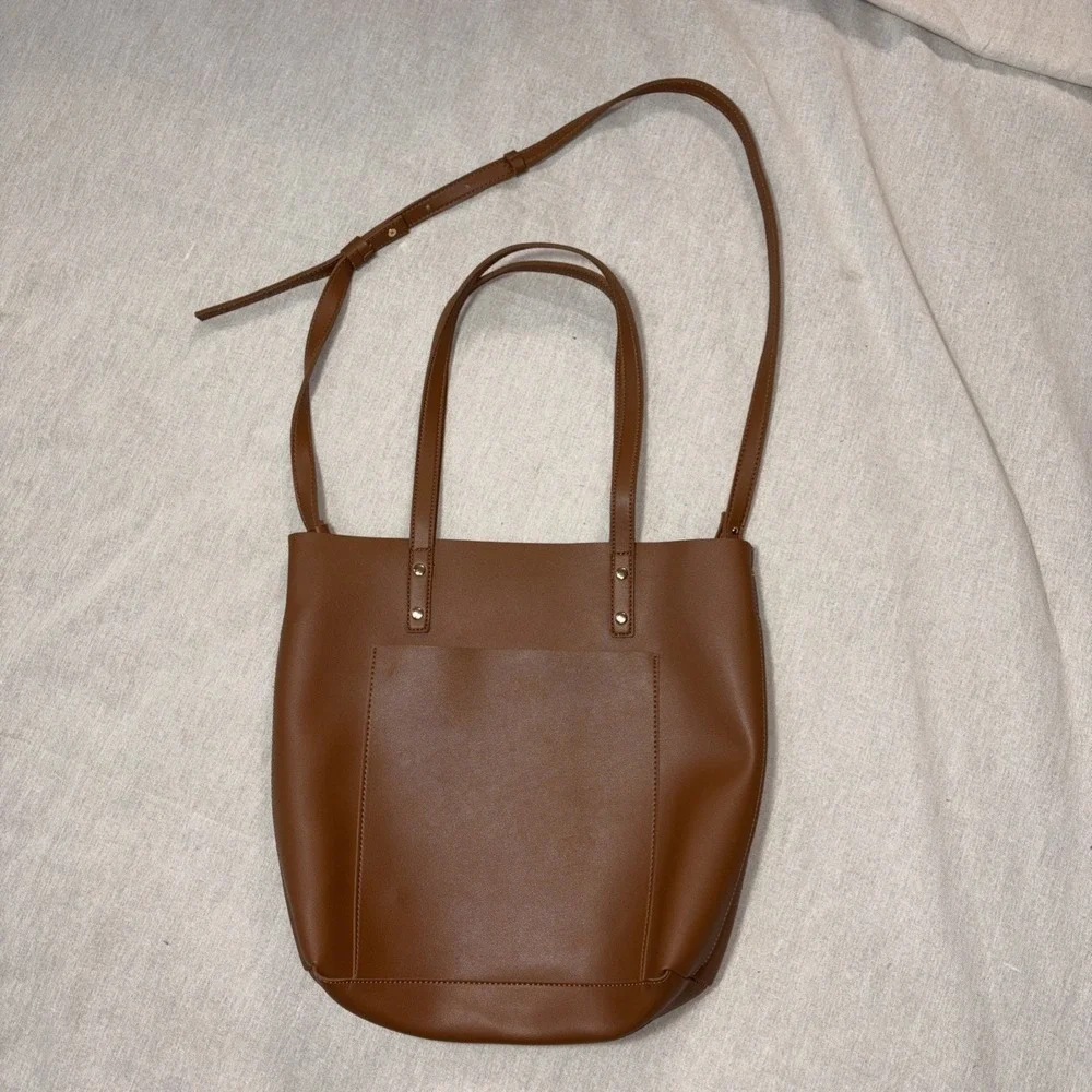Henny + Lev Danielle tote bag in a cognac brown vegan‎ leather finish Long Strap