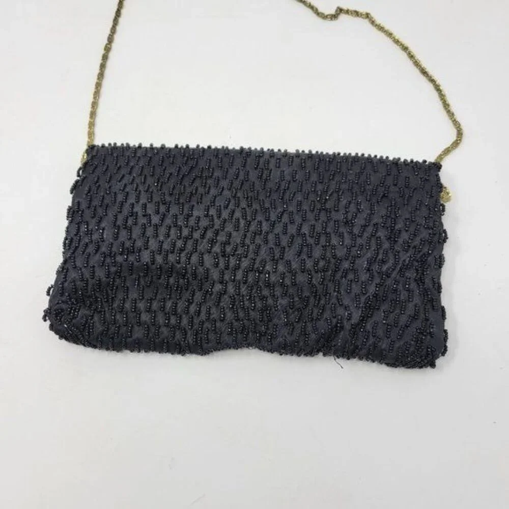 Vintage Black Beaded Evening Clutch With‎ Gold Chain Strap