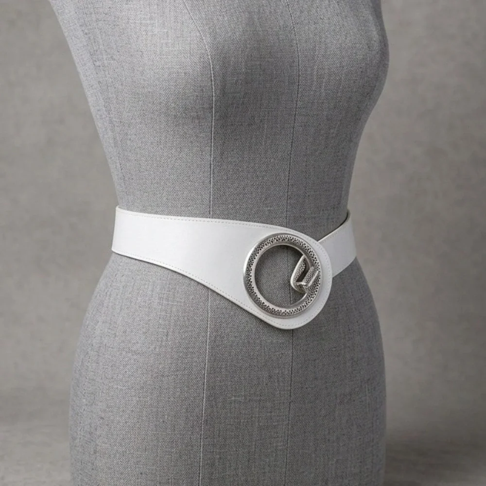Vintage Y2K‎ White Leather Belt Silver Big Circle Belt Festival Western