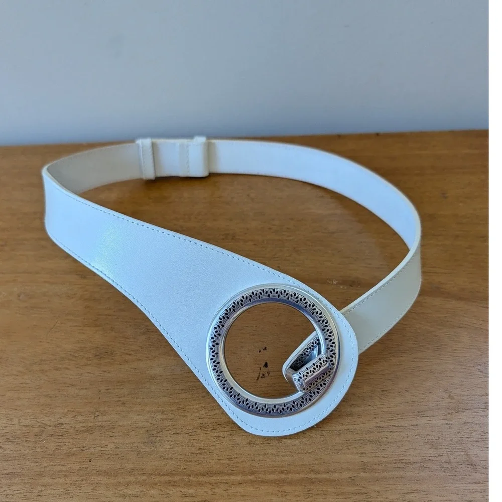 Vintage Y2K‎ White Leather Belt Silver Big Circle Belt Festival Western
