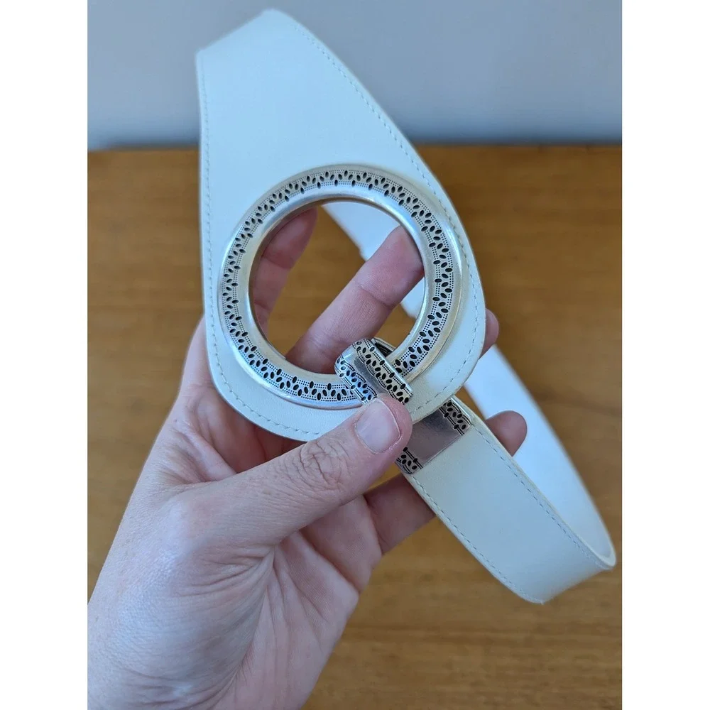 Vintage Y2K‎ White Leather Belt Silver Big Circle Belt Festival Western