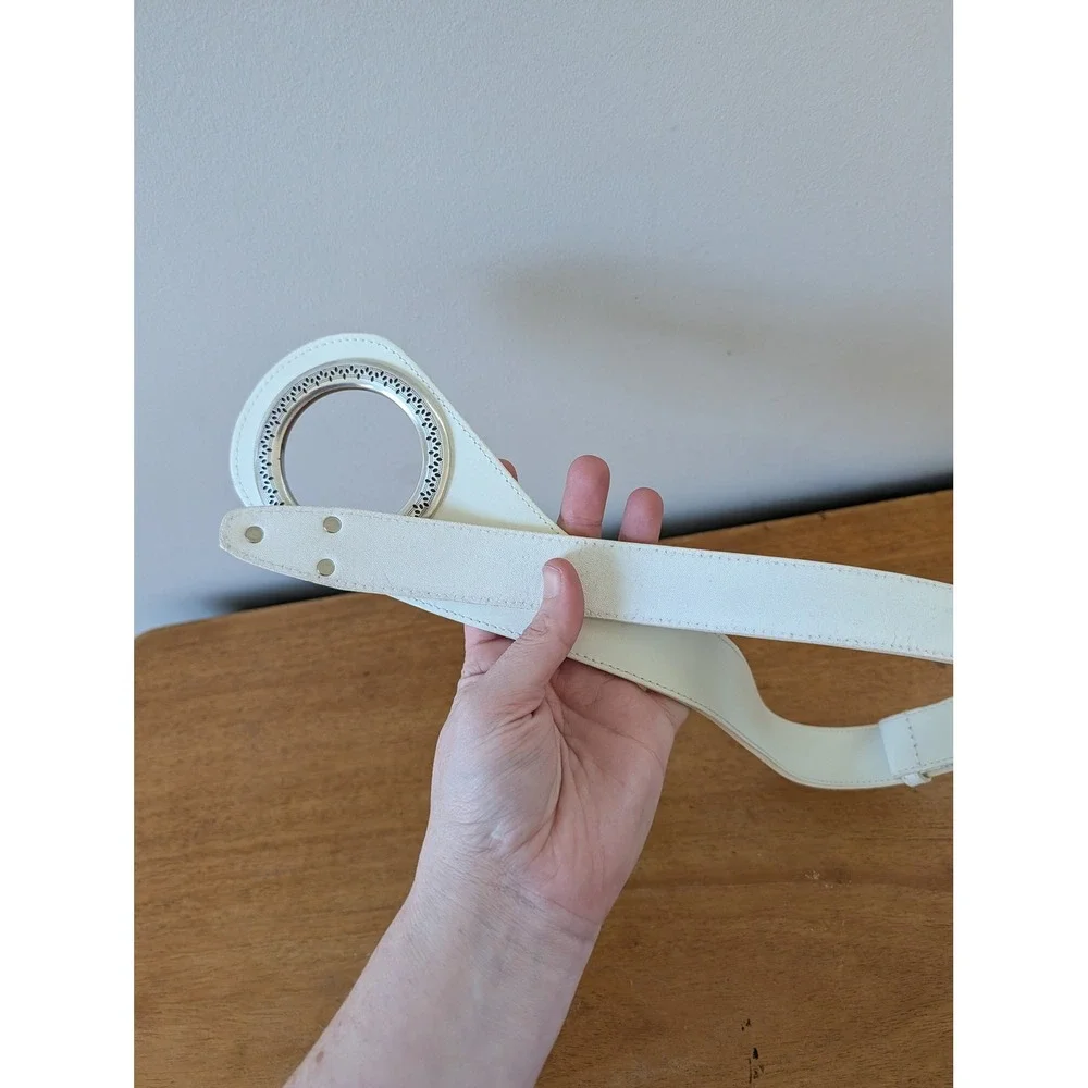 Vintage Y2K‎ White Leather Belt Silver Big Circle Belt Festival Western