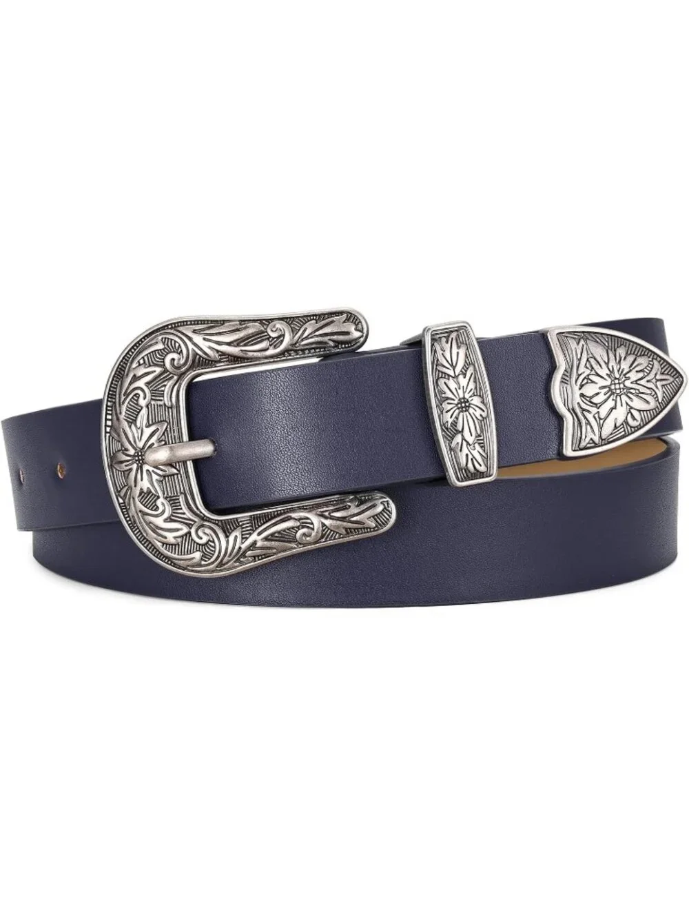 Women's Navy Blue Leather Belts Vintage Western Design Silver Buckle Waist Belt