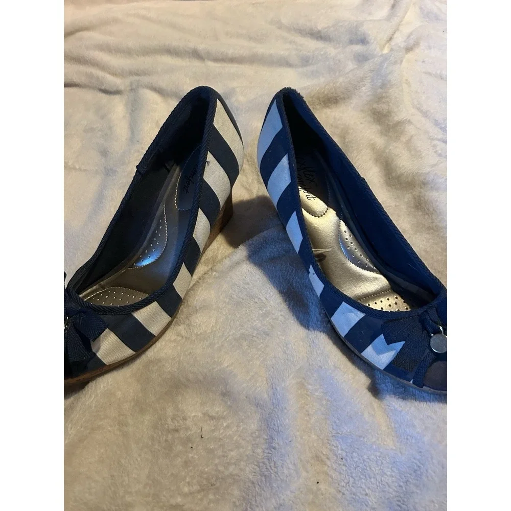 Dexflex Comfort Navy White Striped Cork Wedge Peep Toe Bow Shoes Women's Size 9‎