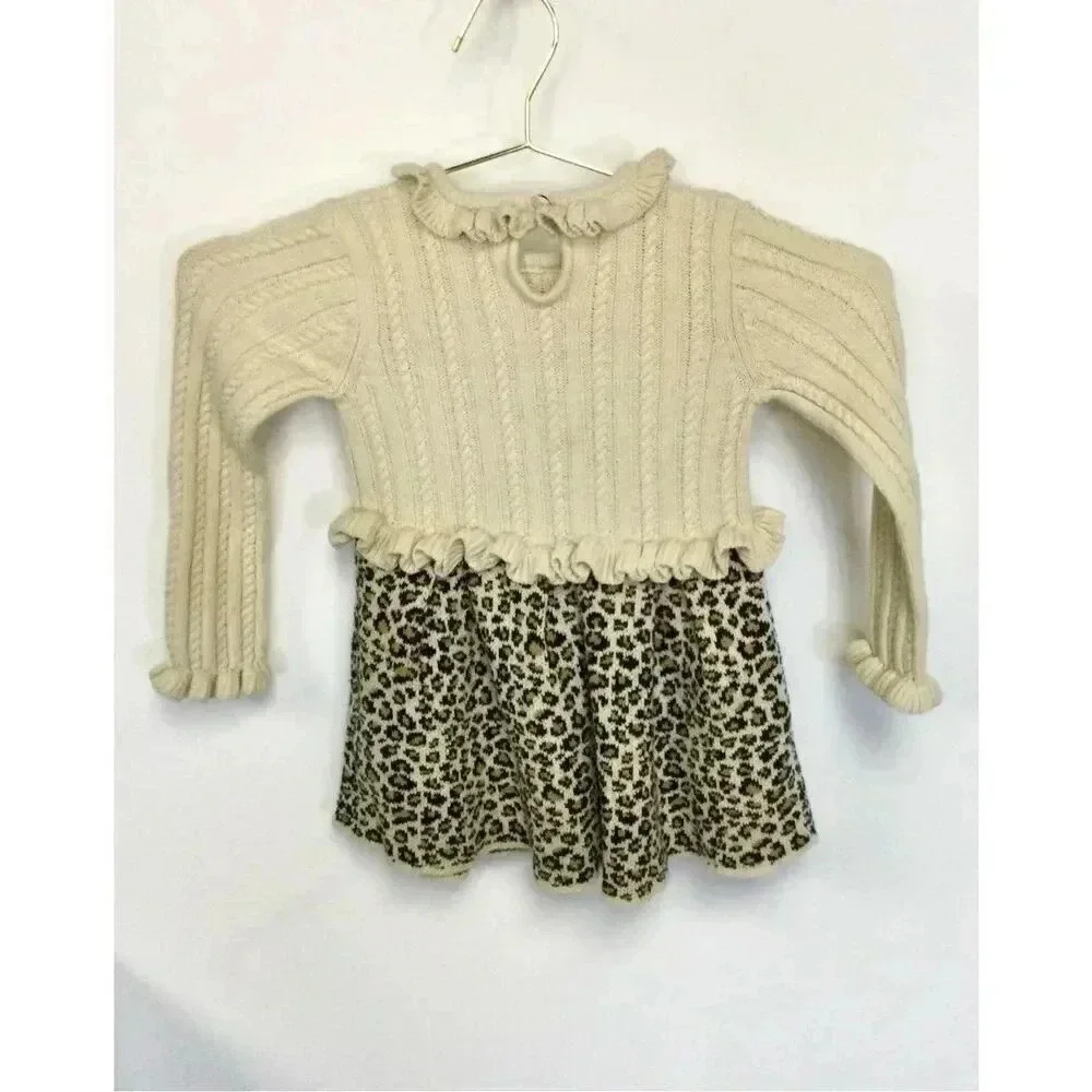 Rachel Zoe‎ kids girls ruffle long sleeve ivory leopard print sweater dress 3T