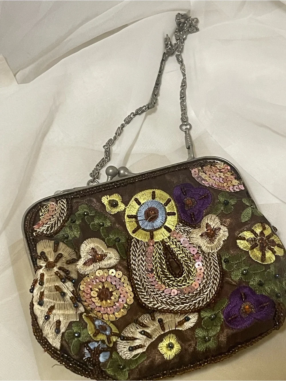 Embroidered Floral Evening Bag in Brown with Multicolor Accents